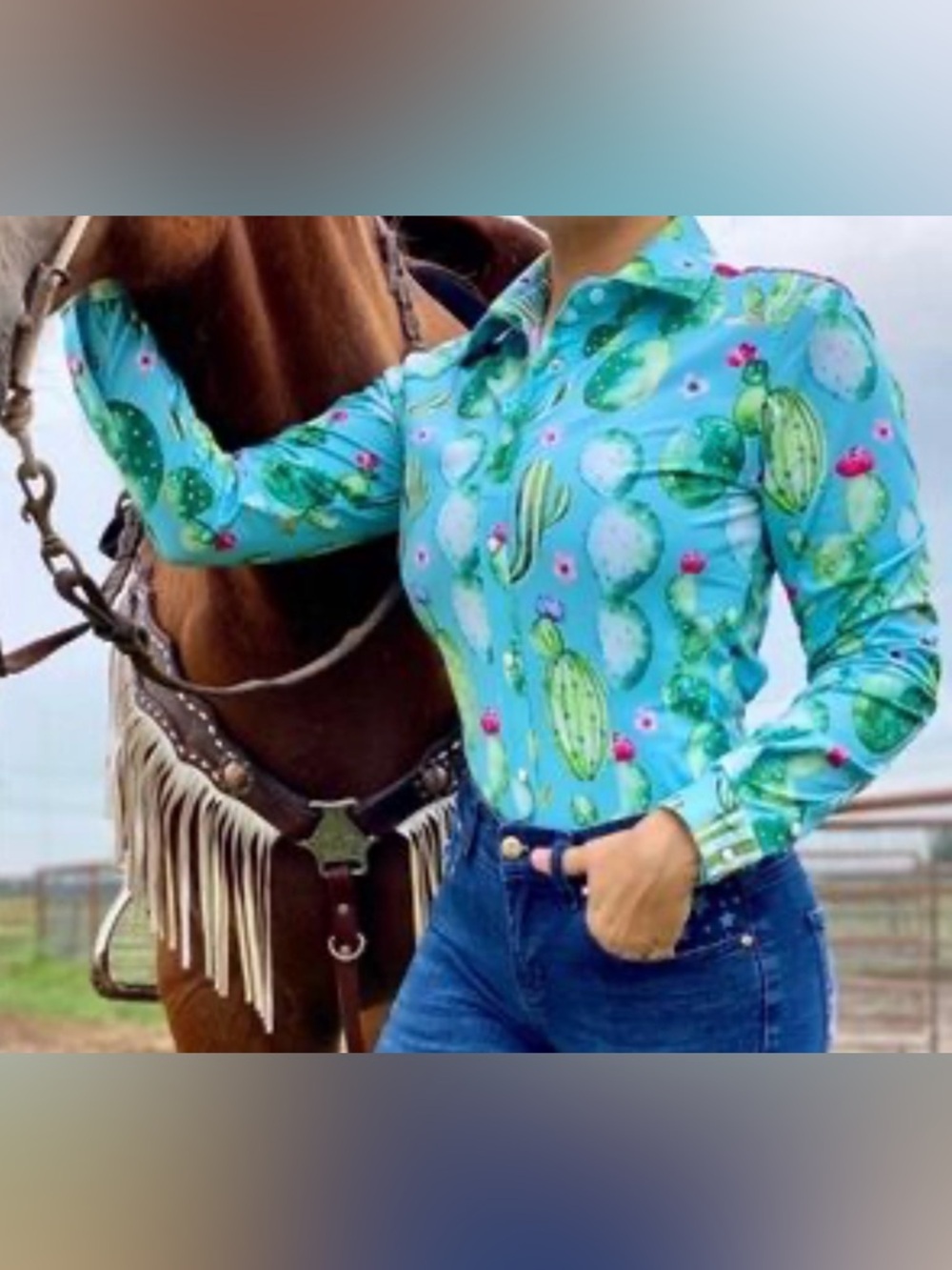 Ranch Dressn Watercolor Cactus Performance Snap Button Blouse L/S - Picture 8 of 8